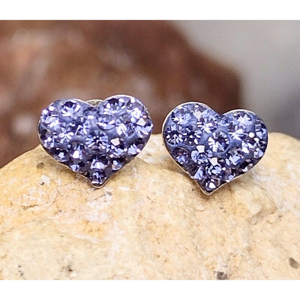 925 Sterling Silver Heart Purple Austrian Crystal Pave' Post Earrings